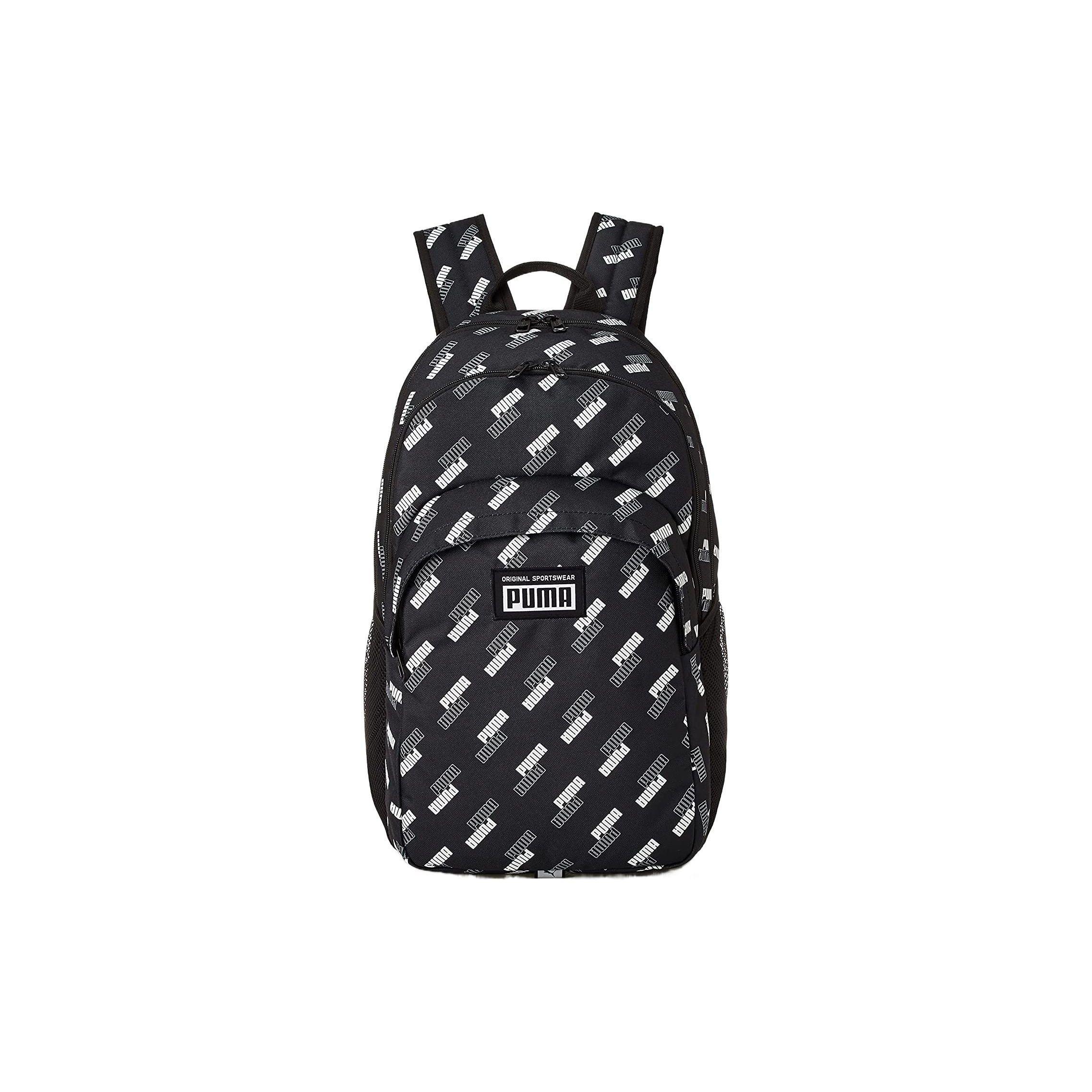Puma White All Over Print Black Logo Large Capacity Student Fabric Backpack Unisex Backpack 077301-14 Black