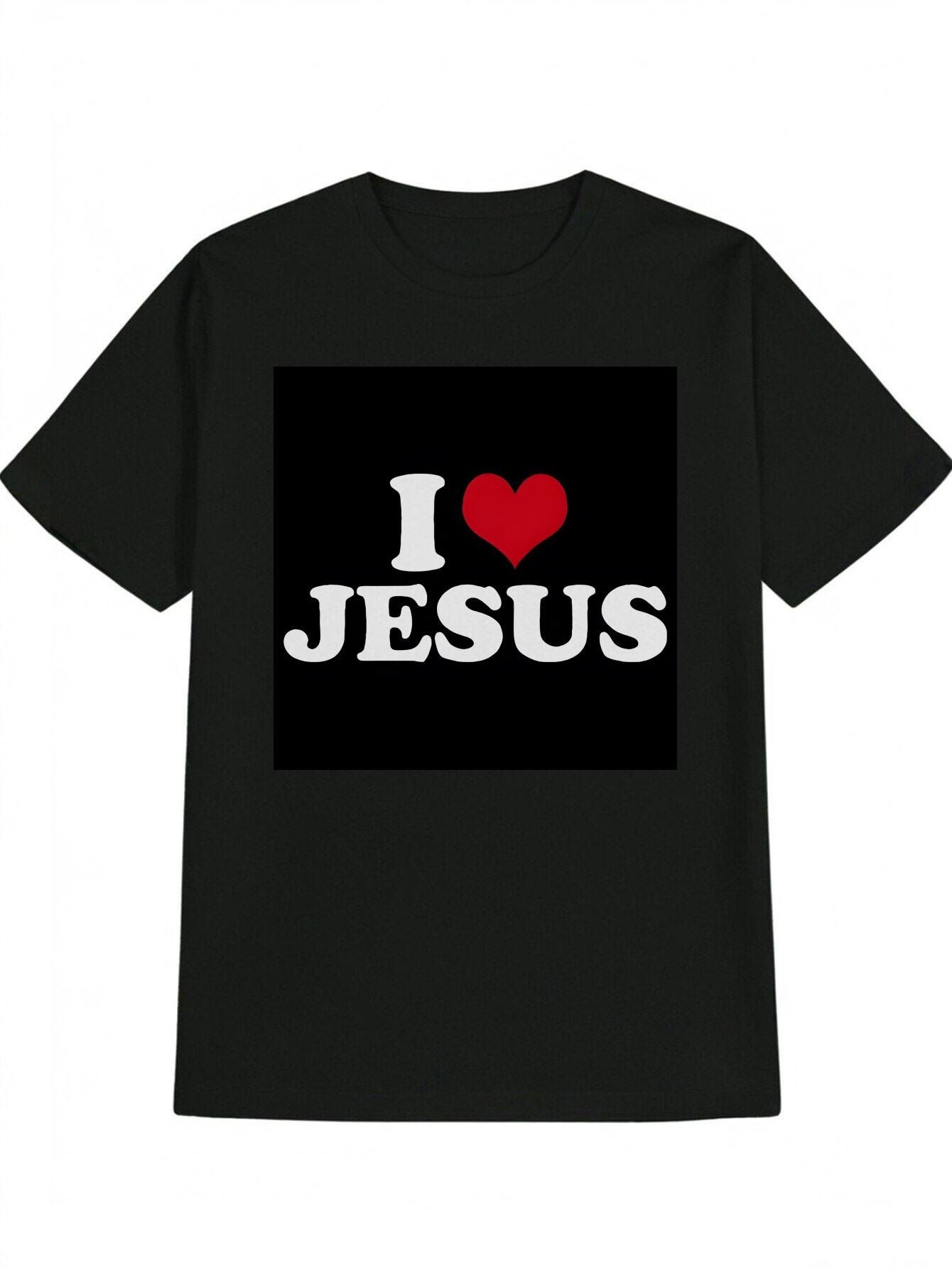 Casual Black T-shirt with I Love Jesus Graphic - White Lettering & Red Heart Design L