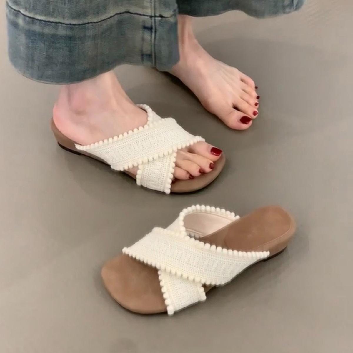 

Thick Bottom Cross Strap Round Head Open Toe Sandals One Foot Stirrup Retro Outer Wear Flat Slippers 35 бежевый