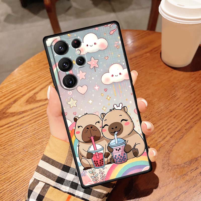 Cartoon Anime Capibala Art Phone Case For Samsung Galaxy S26 S25 S24 S23 S22 S21 S20 Ultra Plus FE 5G Black Soft TPU