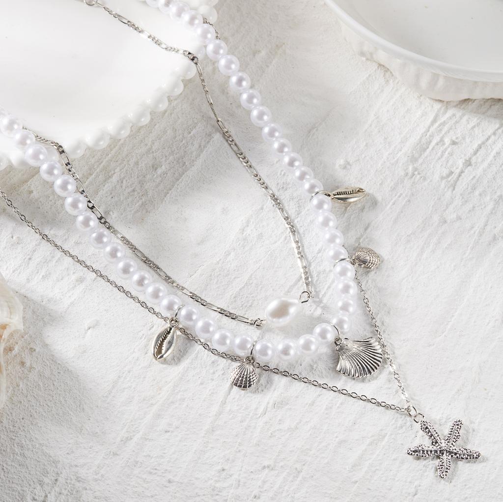 Romantic Imitation Pearl Starfish Seashell Multi-Layer Necklace for Women Boho Conch Shell Cain Summer Party Jewelry Gift
