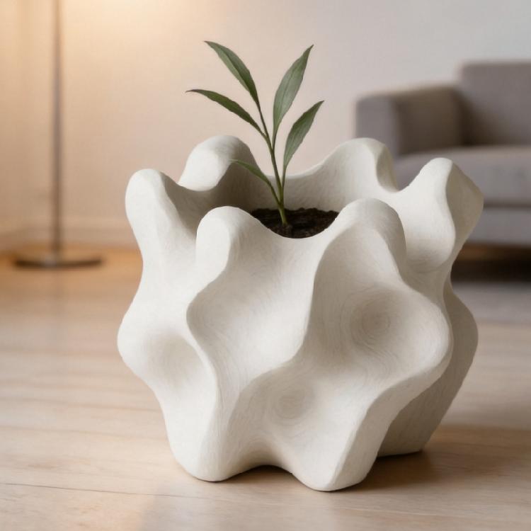 3D Printed Flower Pot Wavy Textured Planter With Nonslip Base For Indoor Greenery And Stylish Interior Decors