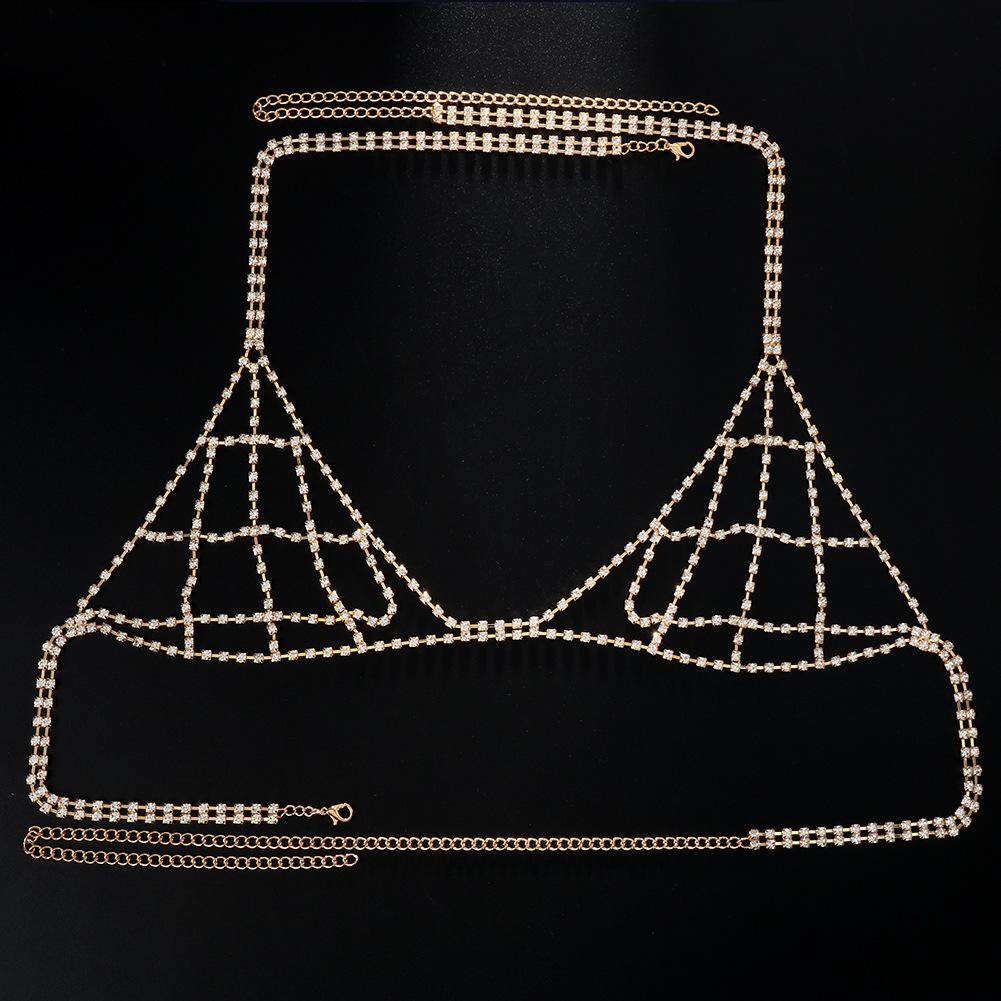 Rhinestone Bikini Body Chains Gold Mesh Body Bra Harness Necklace for Women Fishnet Crystal Chest Jewelry for Nightclub Party