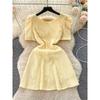 Age-Reducing Yellow Elegant Square Collar Slimming Short Dress