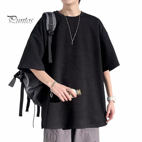 Summer Men T-shirt Round Neck Loose Mid Length Solid Color Waffle Texture Plus Size Half Sleeves Japanese Style Streetwear Outdoor Top