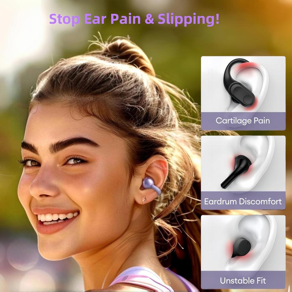 Elegant Touchscreen Clip-On Earbuds, Wireless Open Ear Headphones with 1.3" Color Display, Bluetooth 5.4, 50H Playtime, Ultra-Light 4.1g, IPX5
