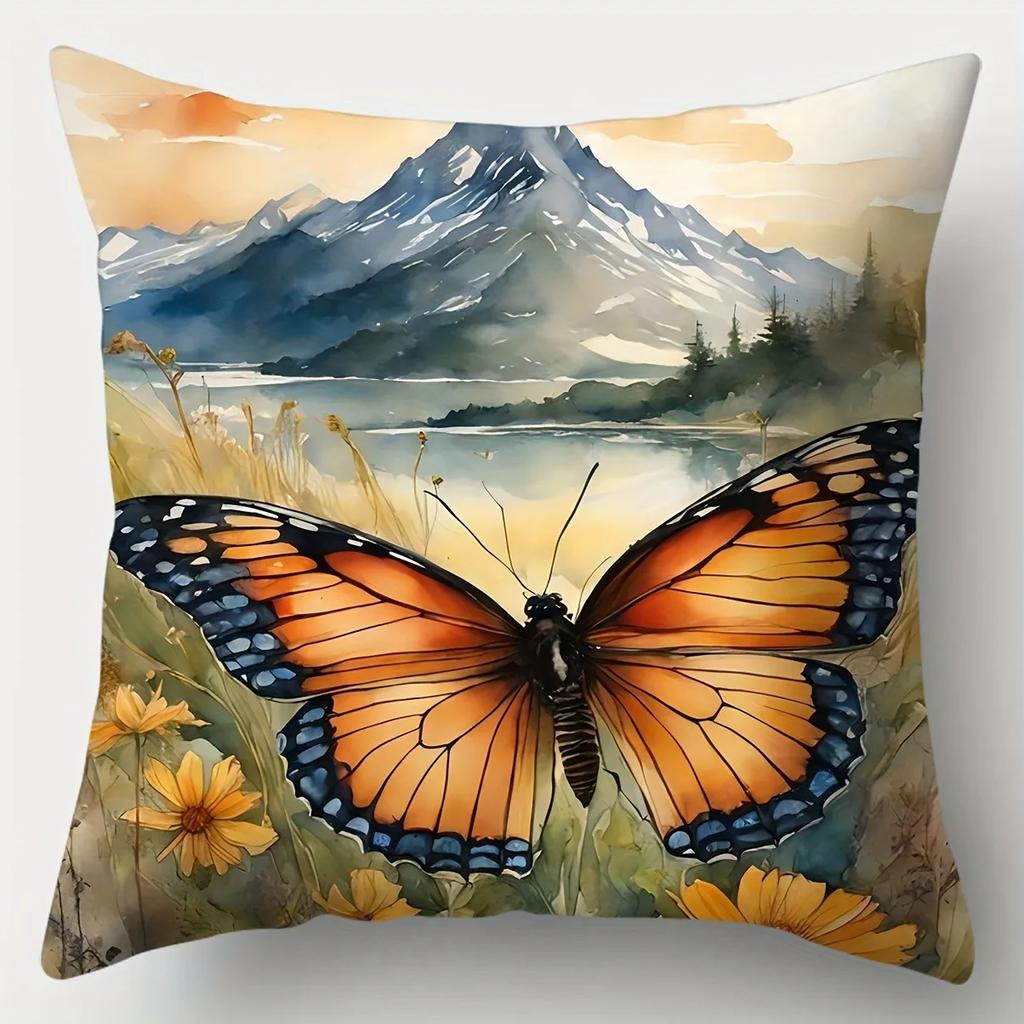 Butterfly Flower Sea Landscape Pattern Home Decor Pillowcase Living Room Sofa Polyester Cushion Cover with Zipper
