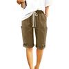 Women's Fashionable Color Elastic Waist Pocket Casual Loose Cotton And Linen Rolled Edge Five Quarter Shorts