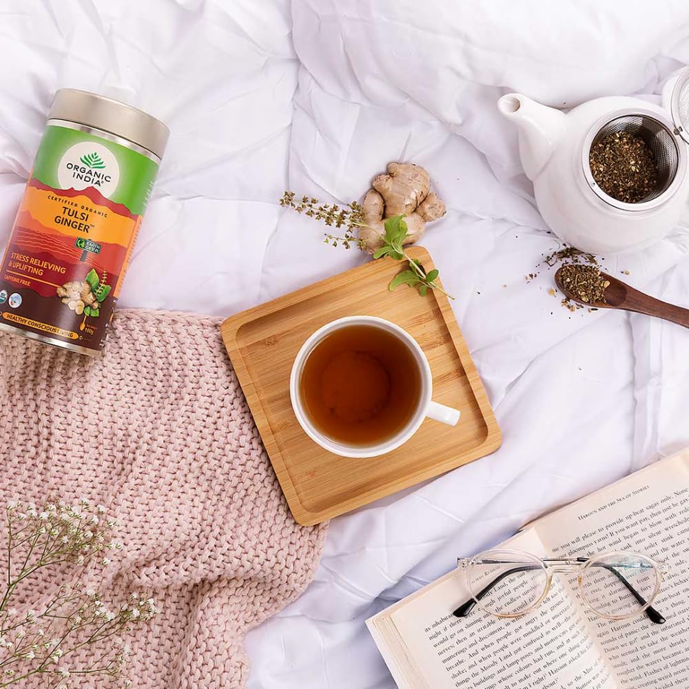 TATA Organic India Tulsi Ginger Tea 100g Pack | Antioxidant Herbal Tea | Stress Relief & Digestion Support | Caffeine-Free Whole Herbs