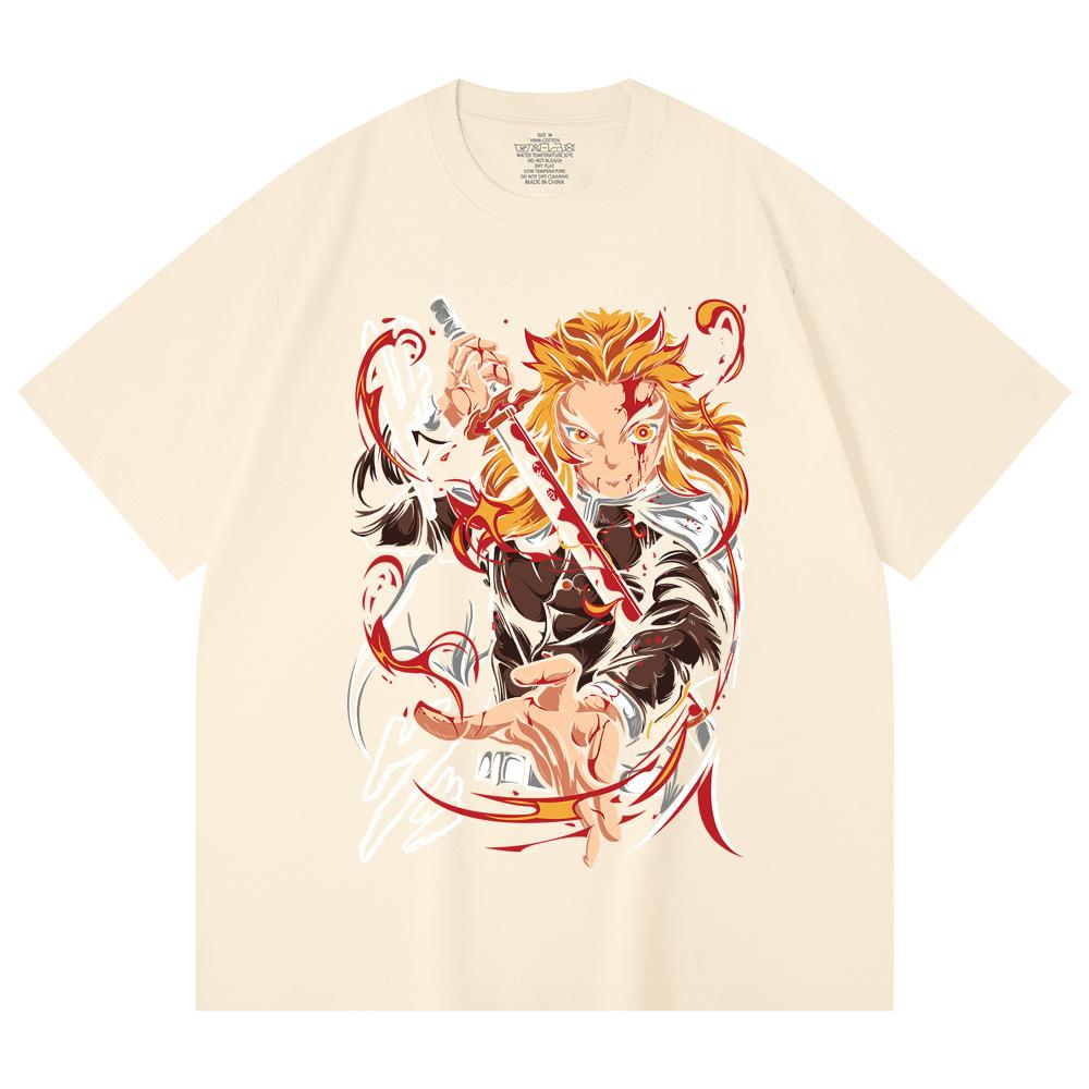 230 Gsm 100% Cotton Demon Slayer V85 Rengoku Print Unisex Heavy Cotton T Shirt