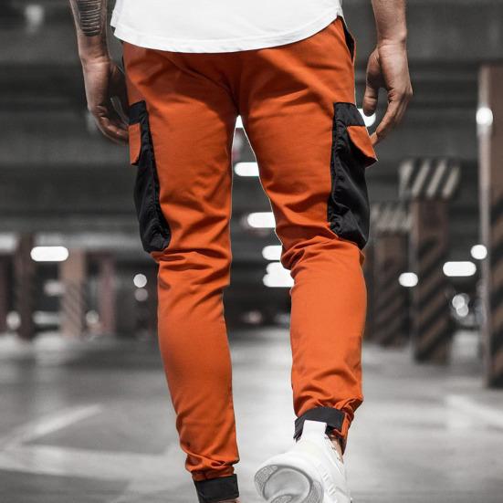 Cargo Pants Large Side Pockets Fine Texture Contrast Color Men Splicing Sports Trousers for Daily Life
