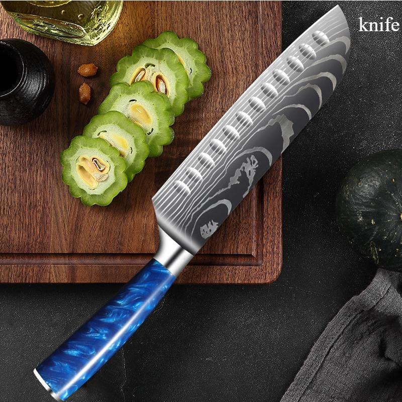 Nóż szefa kuchni ze stali nierdzewnej z uchwytem z niebieskiej żywicy, do krojenia mięsa, owoców, wielofunkcyjny nóż kuchenny do odkostniania, 10 zestawów noży