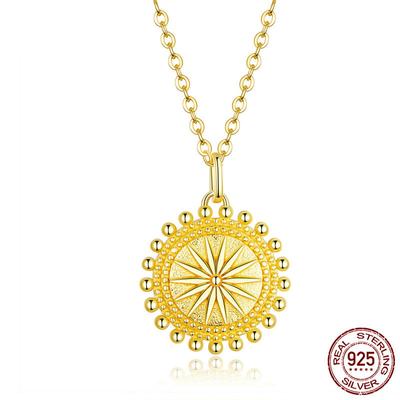 Güneş Madeni Para Kolye Kolye Kadınlar için Altın Rengi Gerçek 925 Ayar Gümüş Zincir Kolyeler Collier Moda Takı
