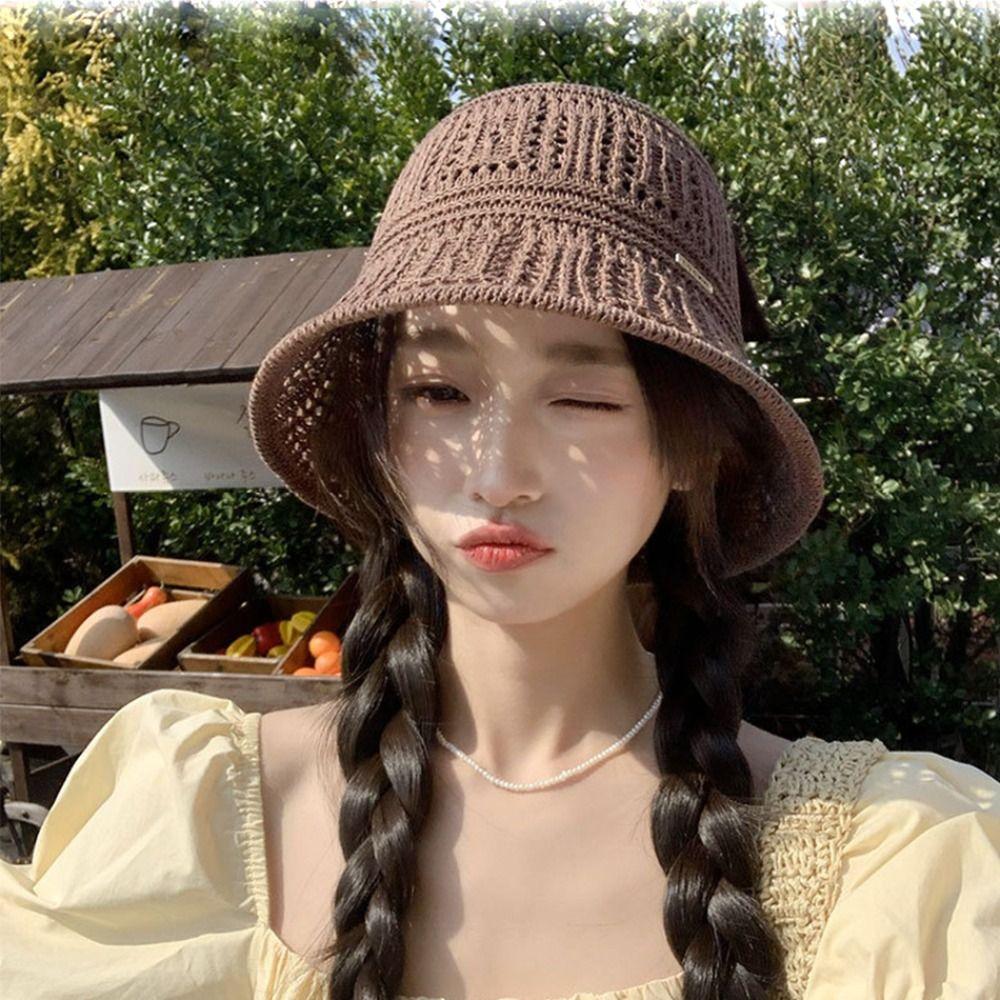Wide Brim Fisherman Hat Knitted Bucket Hat Fashion Hollow Beach Cap  Summer