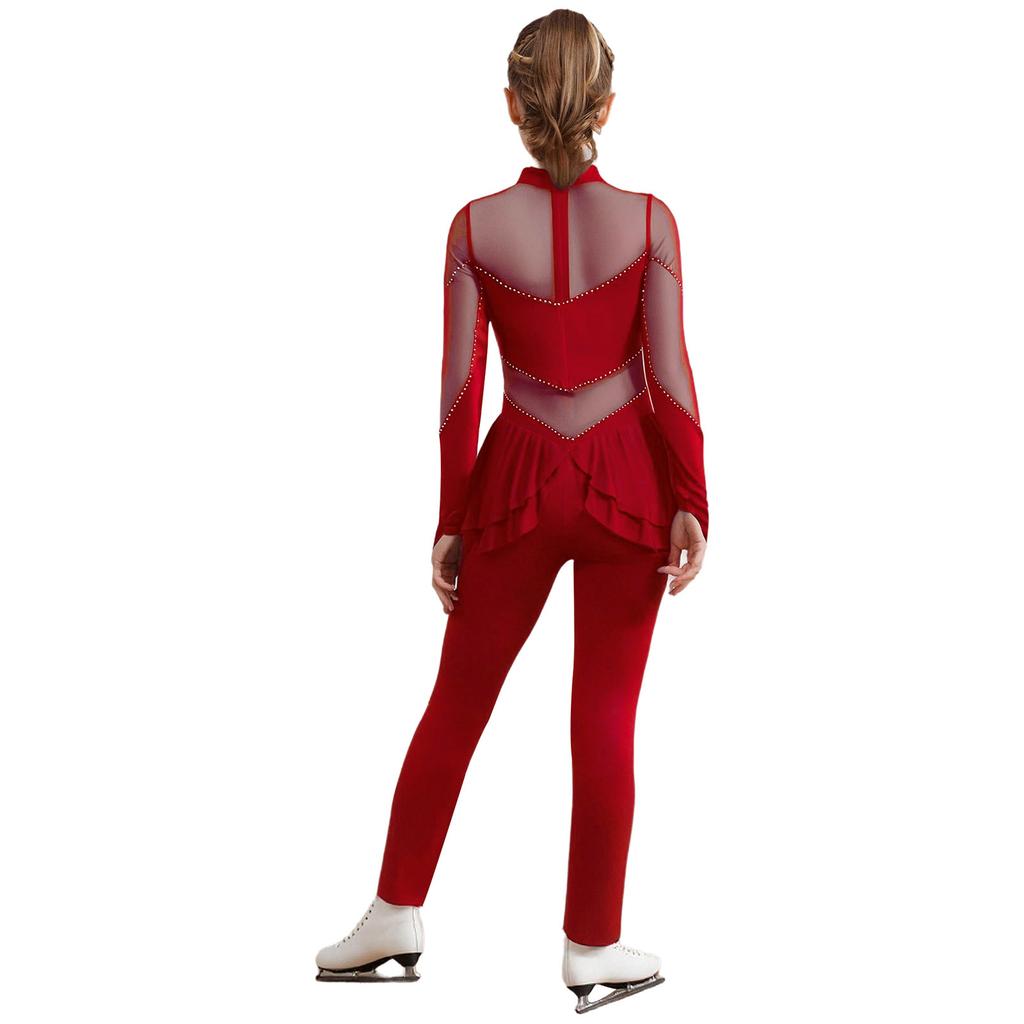 Girls Figure Skating Jumpsuit Mock Neck Long Sleeve Sheer Mesh Patchwork Shiny Rhinestones Bodysuit