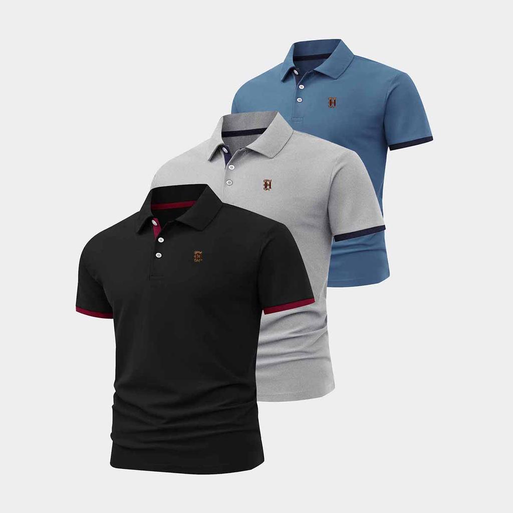 3-Pack Men's Polo Shirts with Contrast Cuff & Chest Logo, Classic Collar Button Placket, Business Casual Daily Tops