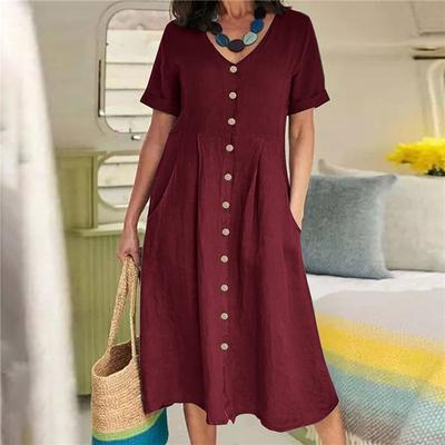 Frauen Kleidung Sommer Casual V-ausschnitt Kurzarm Baumwolle Leinen Midi Kleid Solide Lose Hohe Taille Elegante Party Kleider vestidos