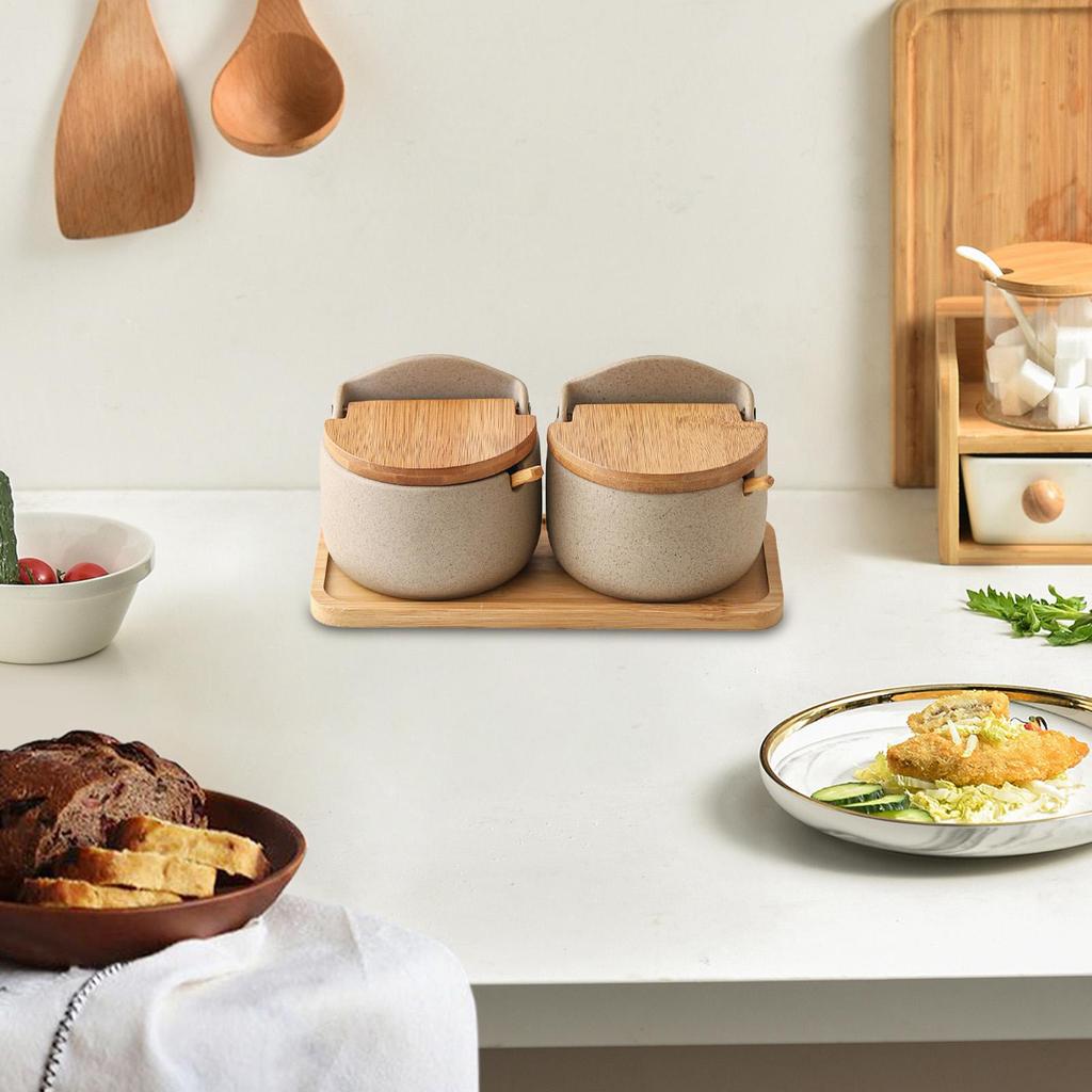 Salt Cellar With Lid Ceramic 2x Salt Holder With Wooden Spoon and Lid Seasoning Box Kitchen Seasoning Storage Jar Salt Holder