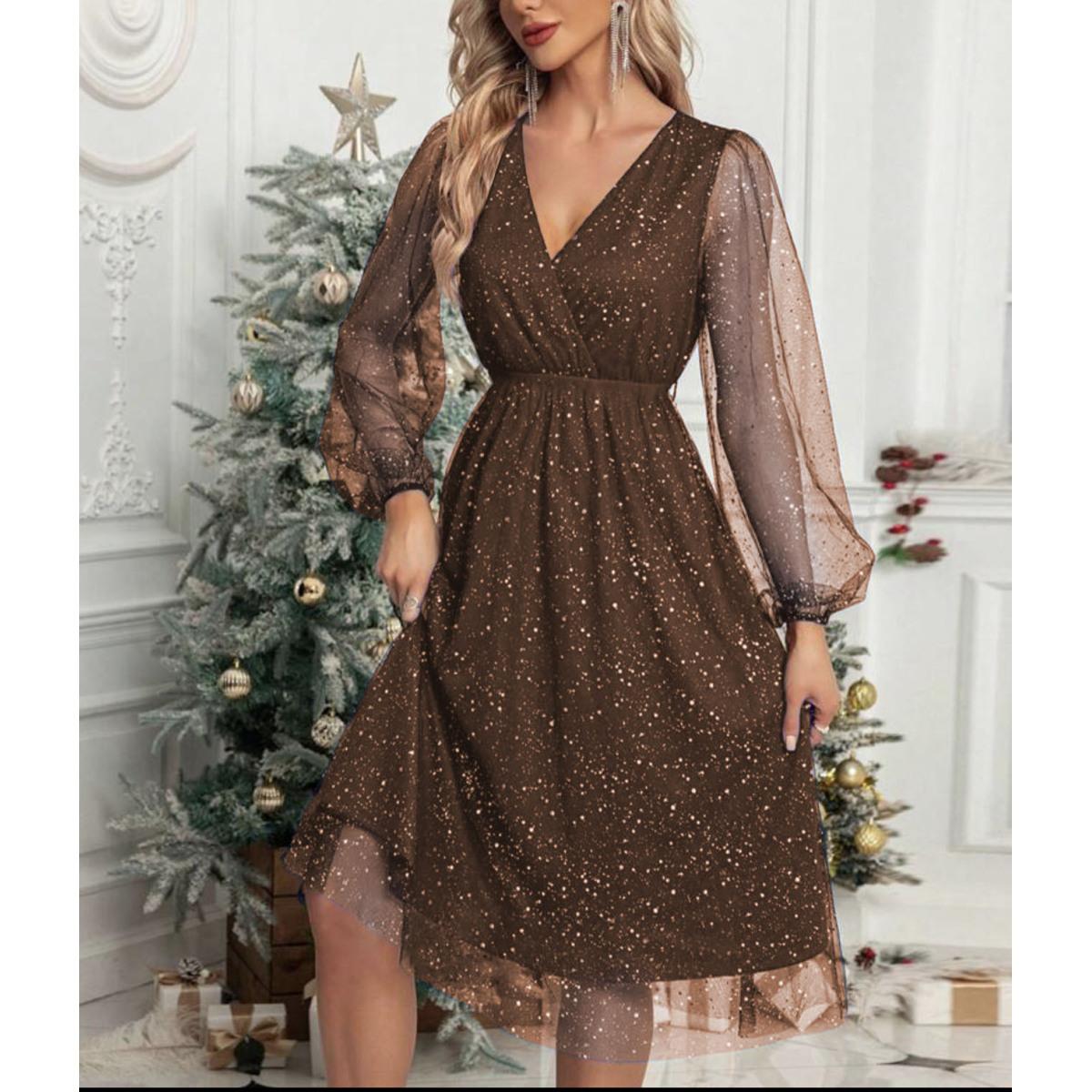 

Жіноче однотонне плаття з сітчастої сітки з довгими рукавами та V-подібним вирізом L кавовий