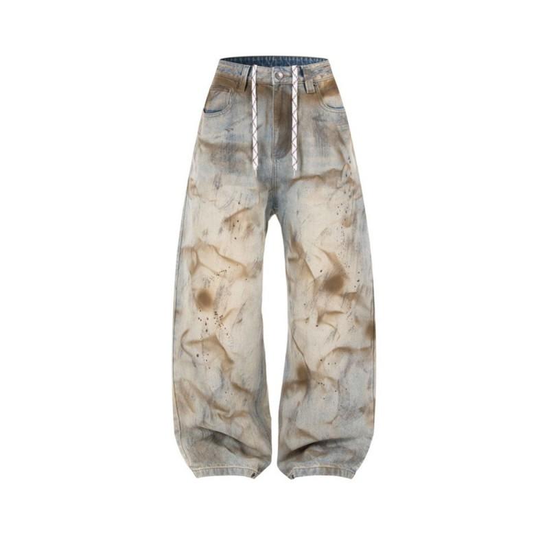 Mens Loose Wide-Leg Jeans Streetwear Punk Tie-Dye Wash Casual Long Pants