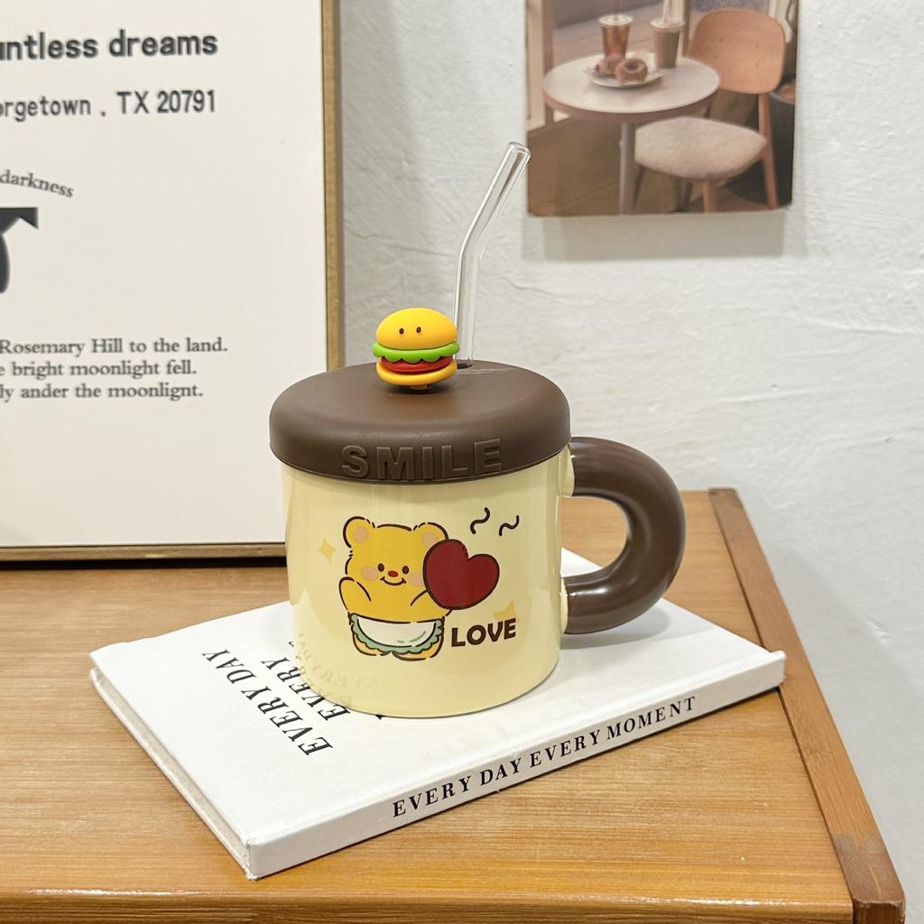 Cute Butter Bear Straw Cup High Value Ceramic Mug with Lid Cute Drinking Water Cup Birthday Gift Practical