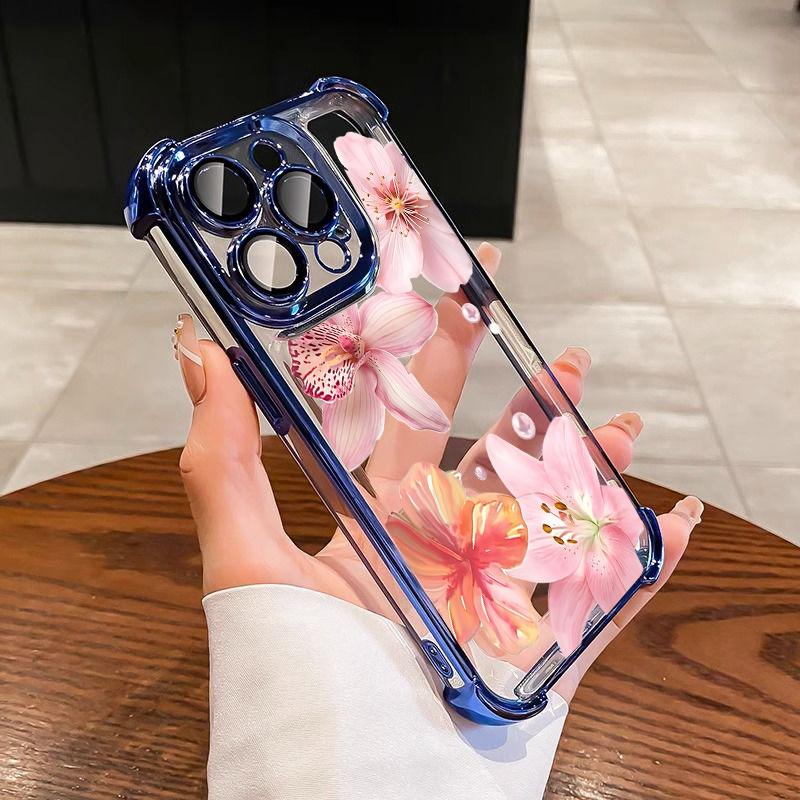 Case For iPhone 14 13 Pro Max 6 7 8 Plus 17 Air X XR XS Max Plating Violet Flowers Shockproof Transparent Soft Cover