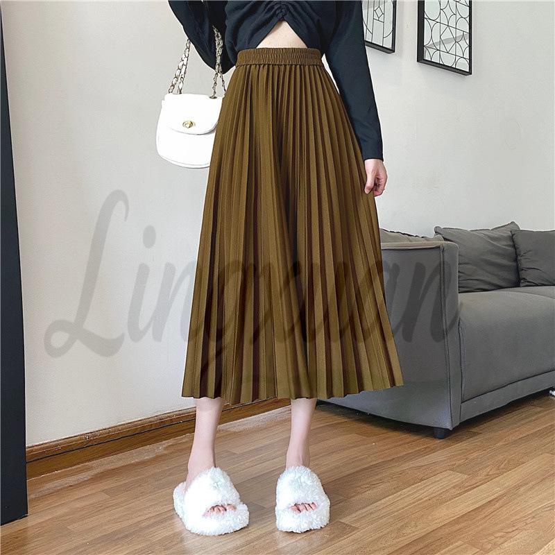 Plus Size Korean Style Pleated A-Line Skirt - High Waist, Mid-Length, Slimming, Versatile for Autumn/Winter M