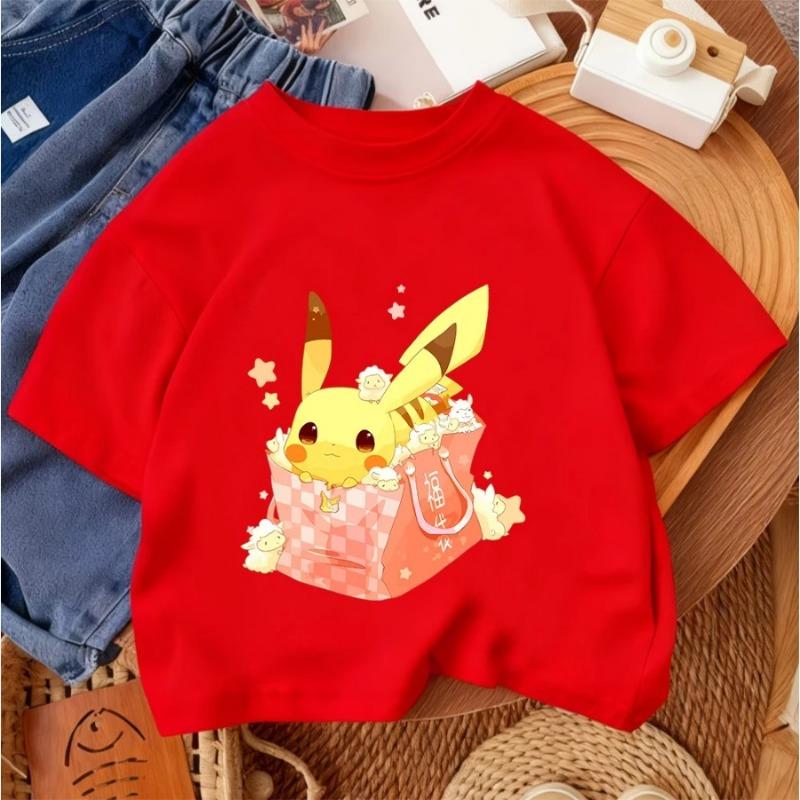 Boys' and Girls' Summer Casual Street Style Fashion Popular Cartoon Children's Crew Neck T-shirt Pikachu