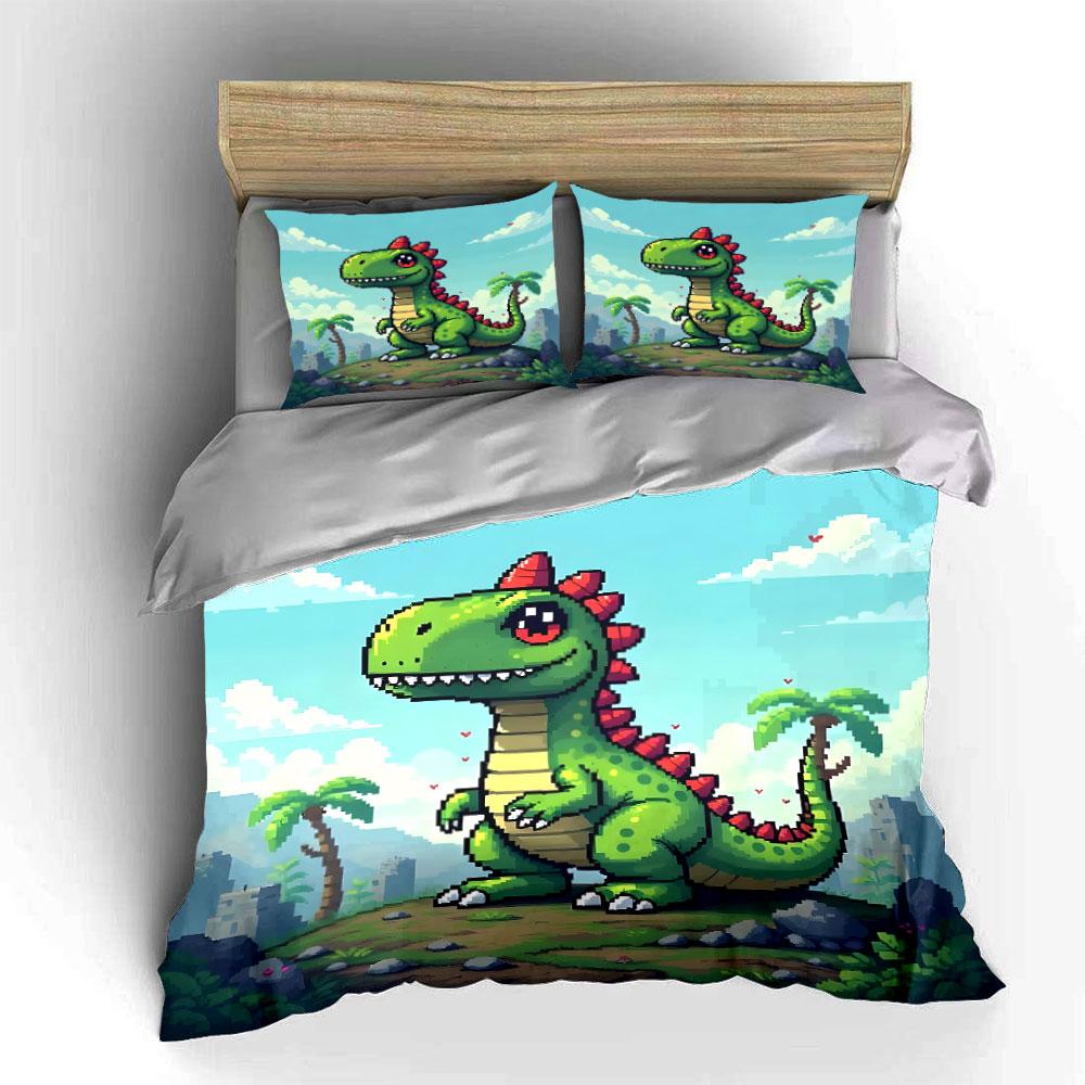 Cute Pixel Art Green Dinosaur Bedding Duvet Cover Set (1*Duvet Cover 2*Pillowcases, Without Duvet Insert)
