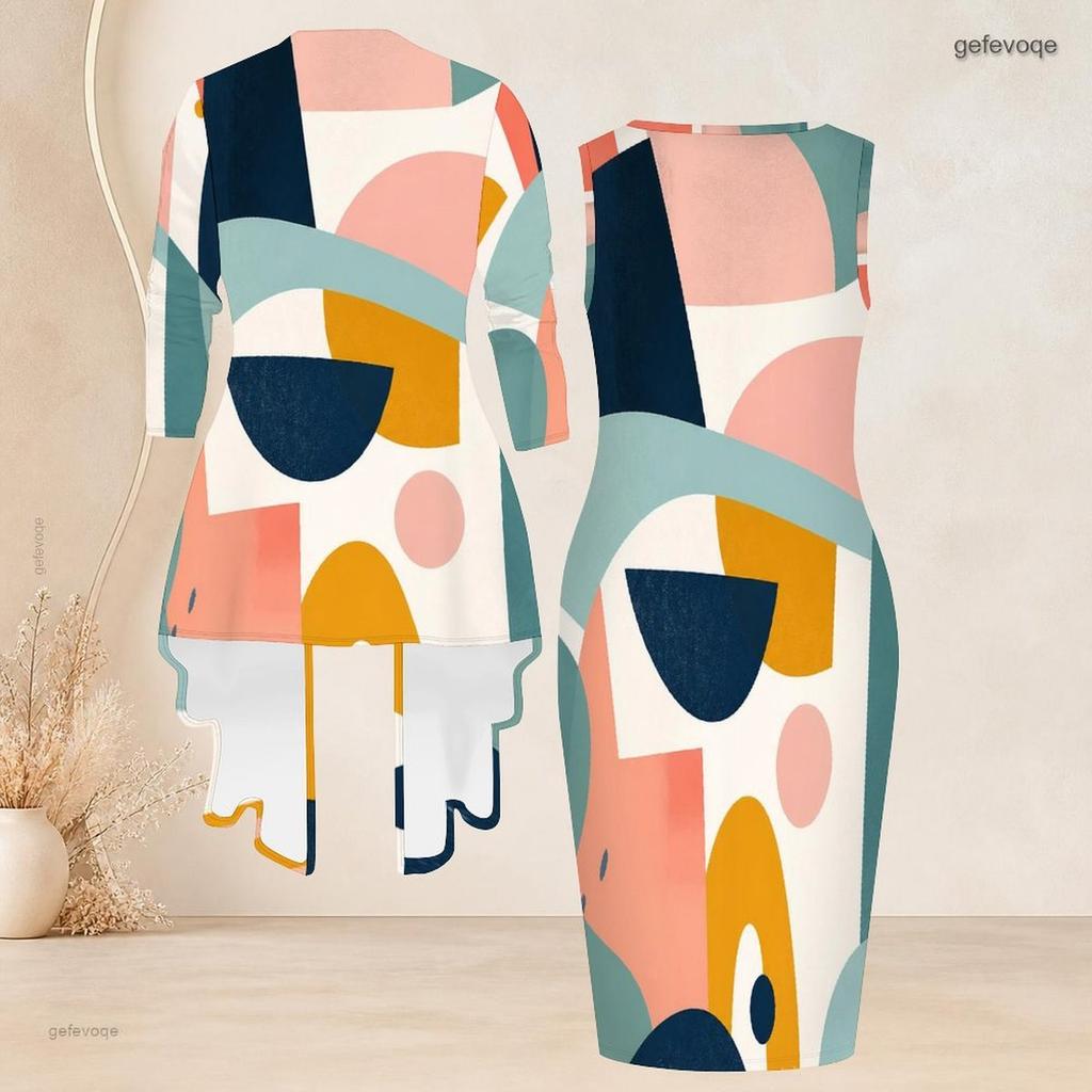 Women Plus Size Two Piece Set Abstract Printed Long Sleeve Draped Cardigan Sleeveless Bodycon Dress