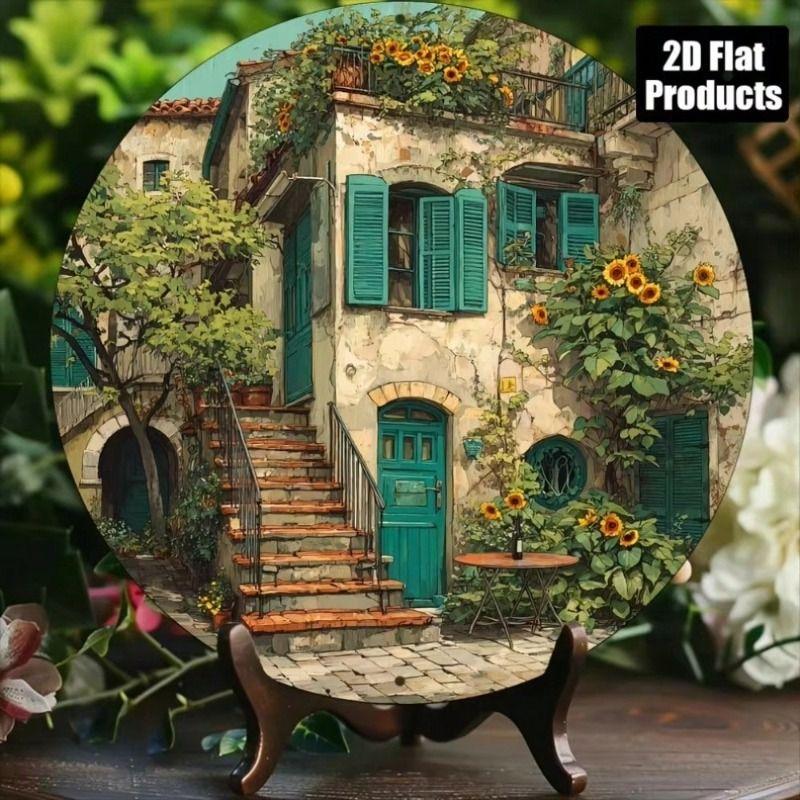 Retro Round Metal Flower Wall Poster 8x8 Inch for Kitchen Garden