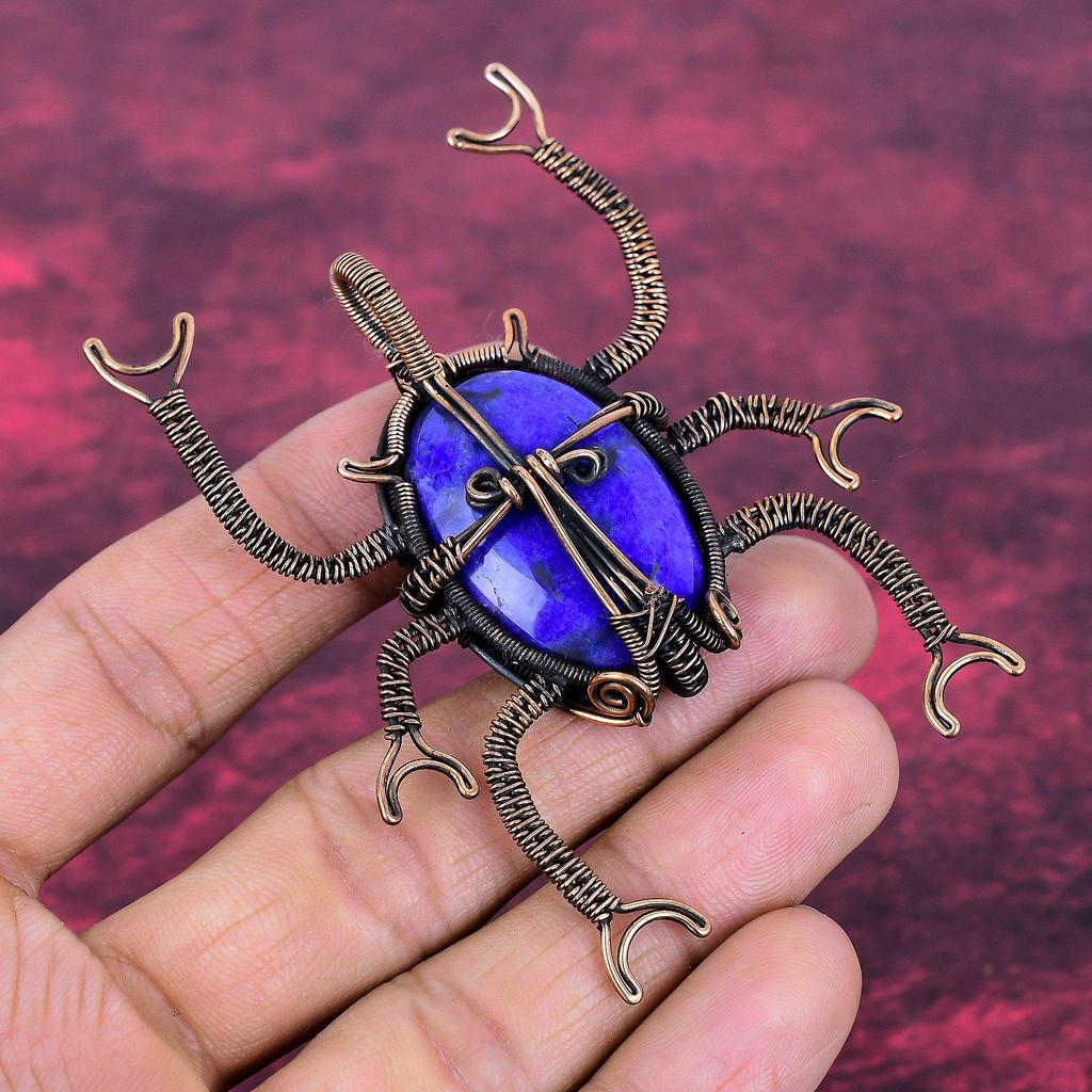 Faceted Blue Sapphire Pendant Copper Wire Wrapped Jewelry Gemstone Beetle Pendant