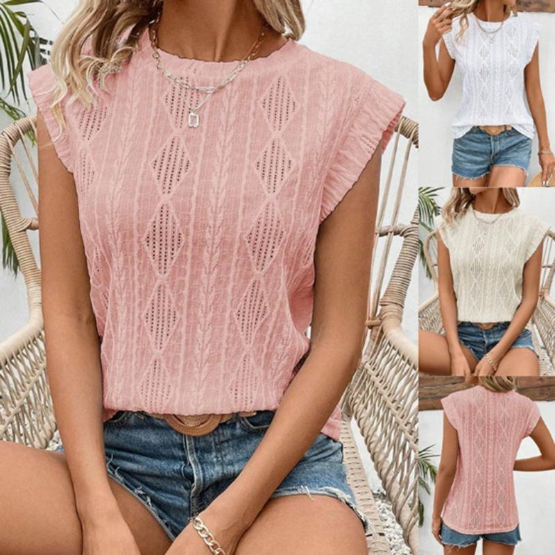 Ladies Summer Cap Sleeve O Neck Hollow Lace Solid Color Pullover T Shirt Top