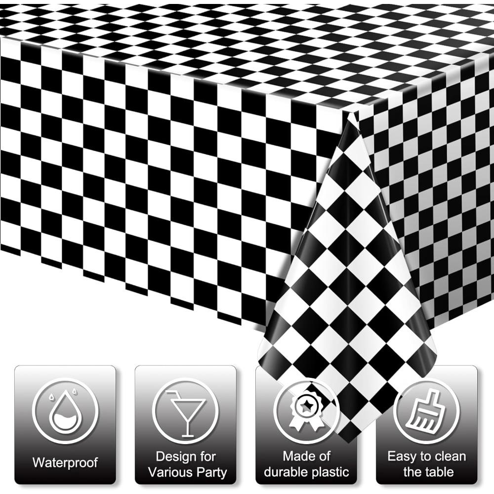 3pcs Race Car Checkered Plastic Tablecloth Black and White Racing Table Cover Disposable Cars Table Cloth for Car Theme Birthday Party Supplies