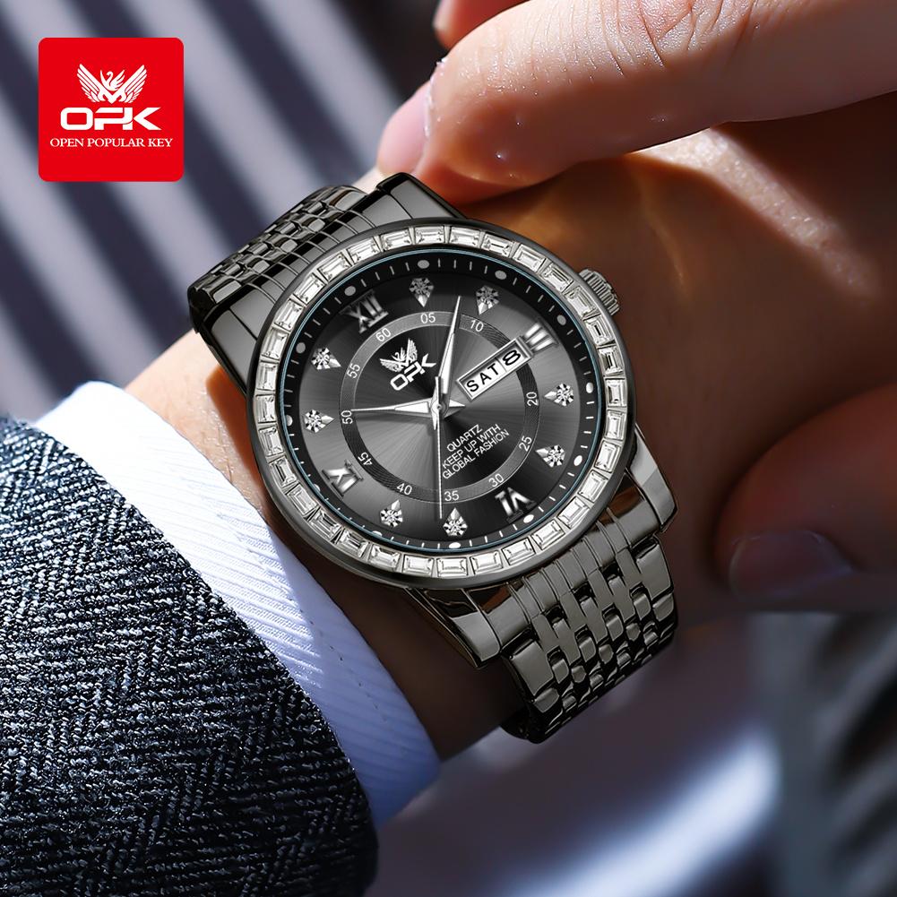 OPK Dual Calendar Luxury Quartz Watch For Men Diamond Roman Scale Business Hand Clock Waterproof Fashion Original Man Watch