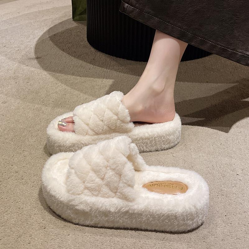 Fashion Aphixta Platform Warm Winter Furry Slippers Women Indoor Slippers Shoes Checkered Design Solid Color Footwear Size 42