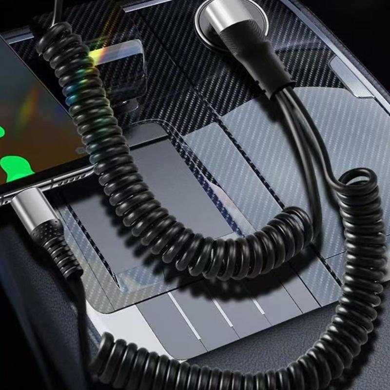 2 in 1 USB A & Type C Car Charging Cable with Stretchable Spring Charging Data Cable for Multiple Devices