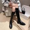Elegant with Low Heels Black Leather Round Toe Women's Long Boots Autumn Winter Comfortable Goth Ladies Knee High Shaft Shoes