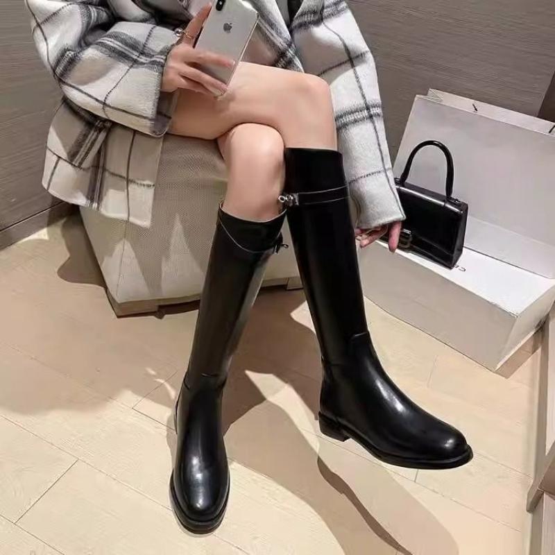 Elegant with Low Heels Black Leather Round Toe Women's Long Boots Autumn Winter Comfortable Goth Ladies Knee High Shaft Shoes