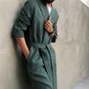 Linen Bath Robe with Belt Long Sleeve Side Pocket
