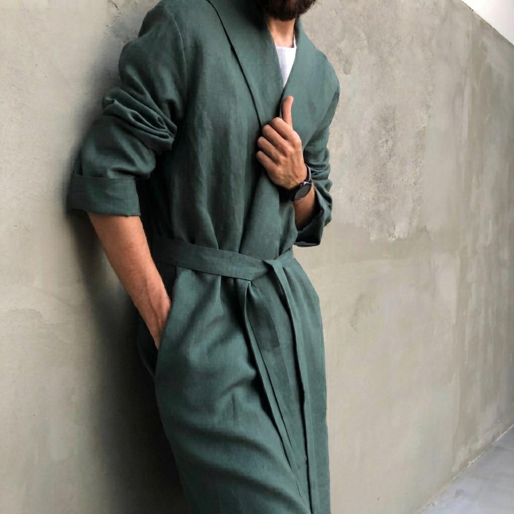 Linen Bath Robe with Belt Long Sleeve Side Pocket
