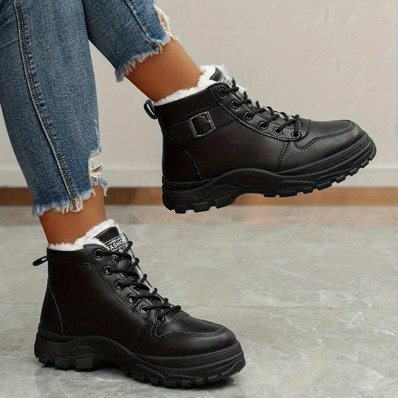 Damskor Varma Vinterkängor med Snörning och Plyschfoder Casual Platåklack Tjock Gummisula, Lätta och Varma Vinter Casual Kängor