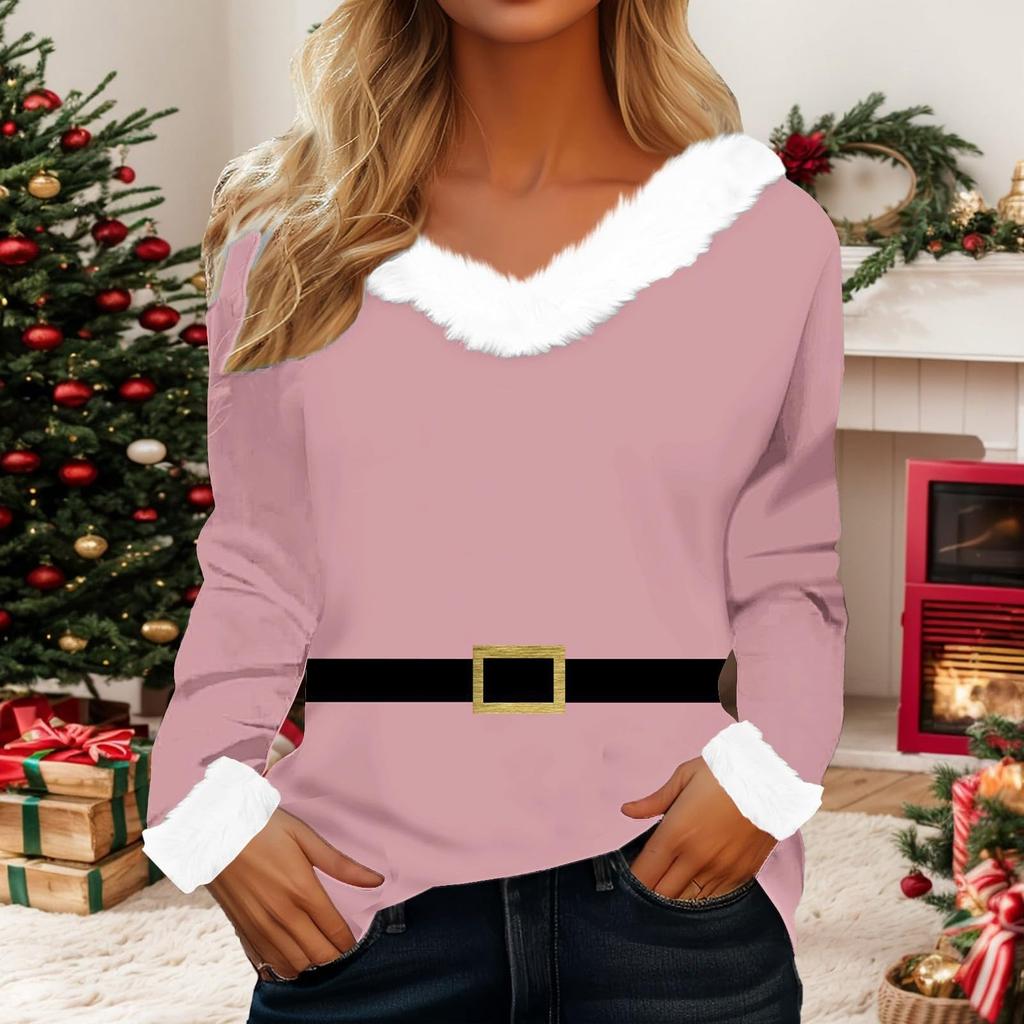 Ladies' Fashionable And Casual Christmas Printed Plush V-neck Long Sleeved Shirt