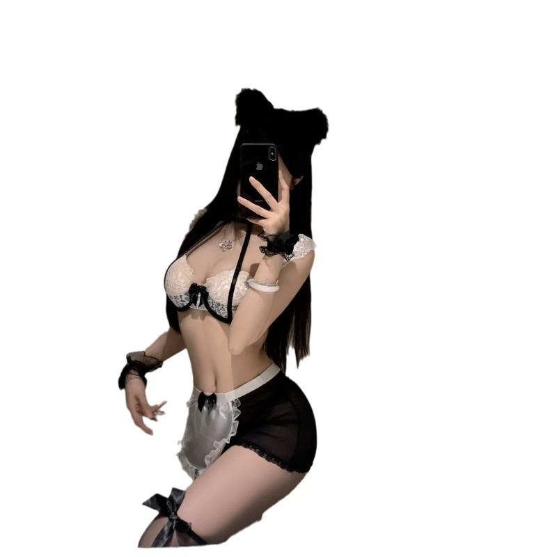 Sexy lingerie pure lace maid suit women with steel ring small chest gathering sexy uniform T