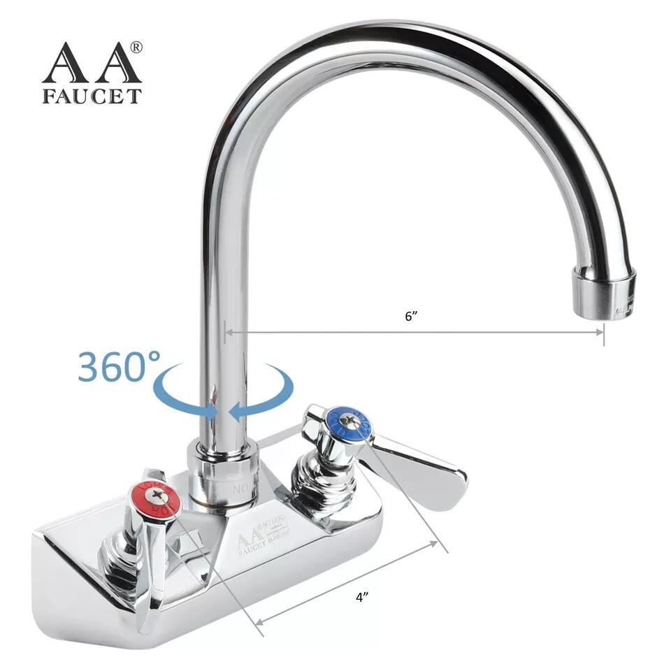 AA Faucet 4" Wall Mount NSF Commercial Hand Sink Faucet w/ 6" Gooseneck Spout