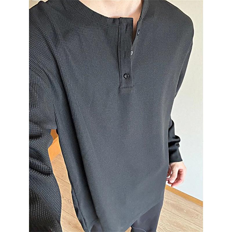 

Men s Spring/Fall Long-Sleeve Waffle Weave Causal T-Shirt Solid Color Comfortable Base Layer XS чёрный