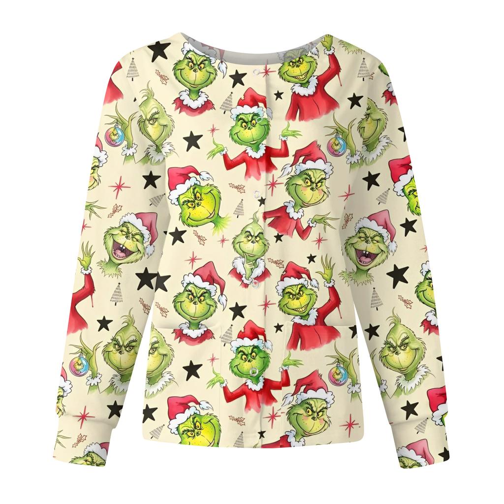 Women's Casual Fashion Long Sleeve Standing Collar Single Breasted Christmas Print Workwear Jacket Tops