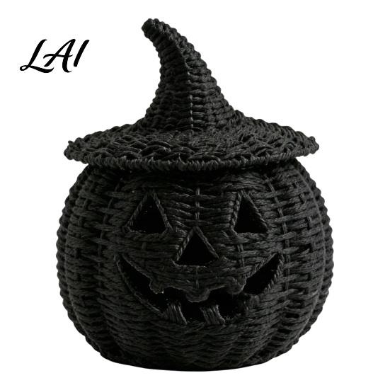 Dunkle Retro-Party-Ornamente Kunst rattan Kürbisfigur Halloween Schwarze Harzstatue mit Hexe Herbst-Feiertags-Fensterdekoration Hut Rustikaler Weidenkorb