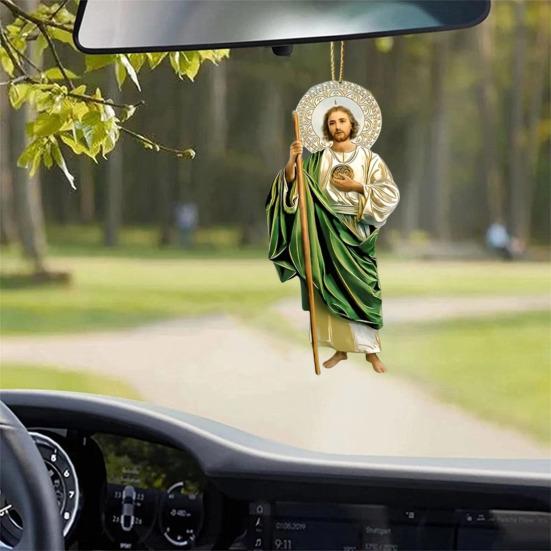 Yousheng 2D Acrylic Jesus Christ Ornament Car Rearview Mirror Hanging Decor Auto Interior Religious Gift for Christian Retro Faith Accessories