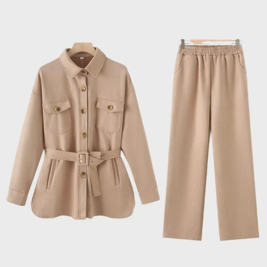 Women's Suede Lapel Jacket & Elastic Waist Straight Pants Set